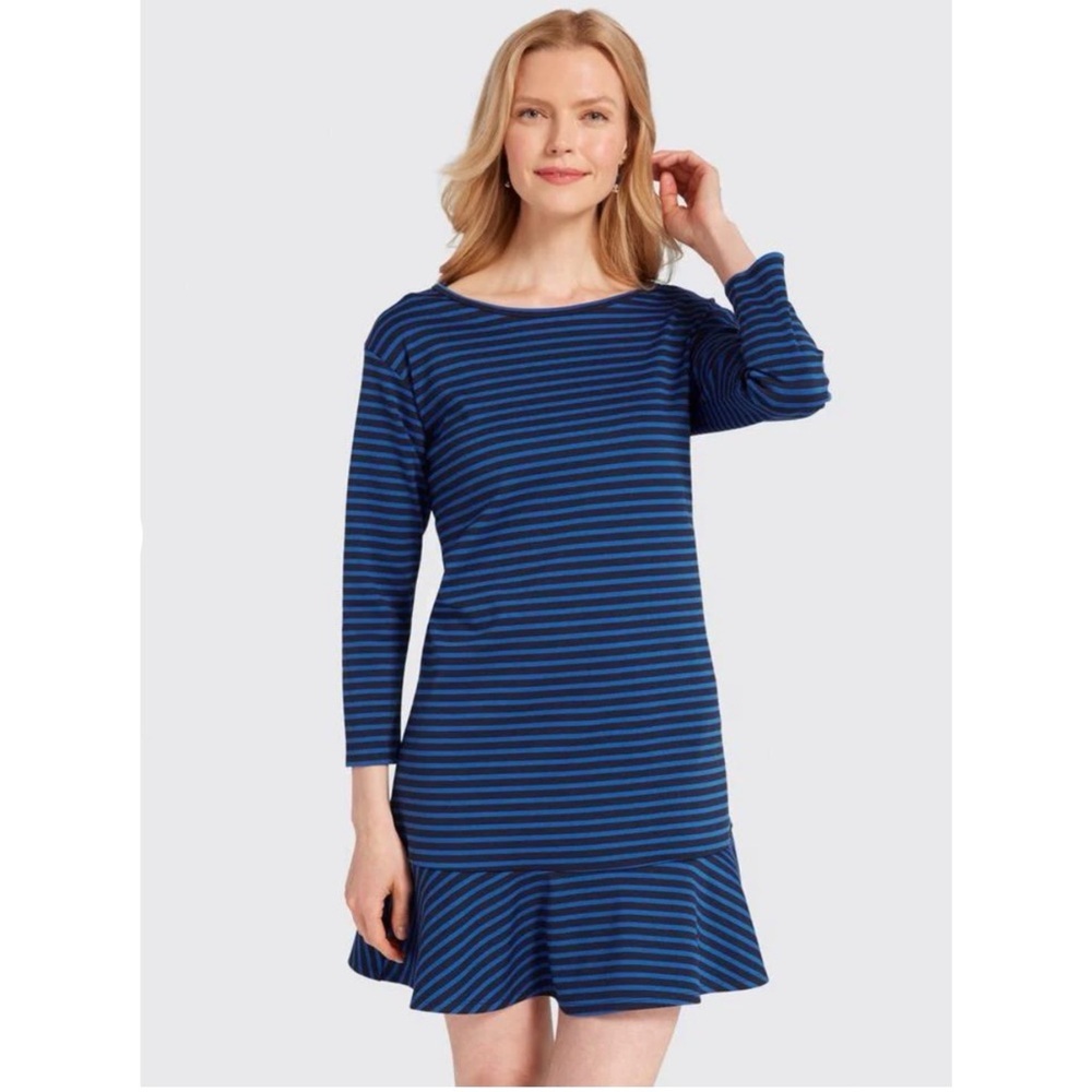 DRAPER JAMES | Blue and‎ Black Striped Tulip Hem Long Sleeve Dress Sz. Medium